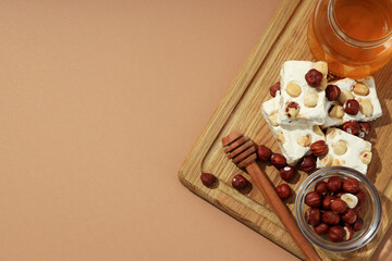 Concept of tasty food with nougat, space for text