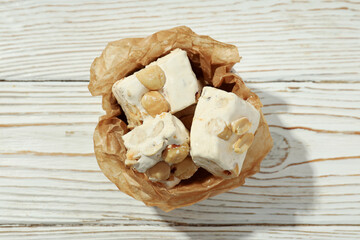 Concept of tasty food with nougat, close up