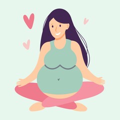 A pregnant woman is sitting in a lotus position doing yoga. Yoga and pregnancy. Vector illustration