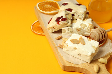 Concept of tasty food with nougat, space for text