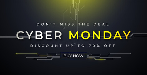 Web banner cyber monday sale, yellow glowing effect, black background. For social media stories sale, up to 70% off, web page, mobile phone. template design special offer