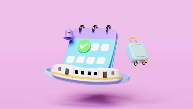 3d animation, calendar with suitcase, sky train transport toy, checkmark icons, marked date, notification bell isolated on pink. schedule appointment, summer travel train, itinerary