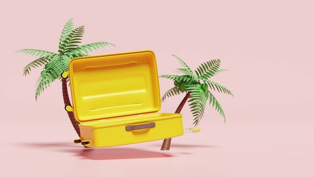3d animation, yellow open suitcase empty with palm tree isolated on blue background. summer travel concept, 3d render illustration