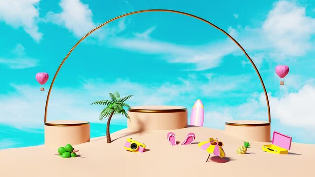 3d animation, cylinder stage podium empty with surfboard, beach, palm, coconut tree,island, camera, umbrella, suitcase, sandals isolated on blue sky. shopping summer sale concept