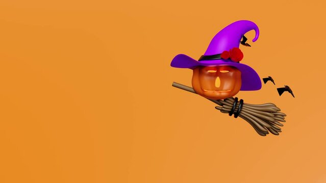 3d animation, halloween pumpkin holiday party with Scared Jack O Lantern and candle light in pumpkin flying, purple witch pointed hat, broom, bat, minimal for happy halloween