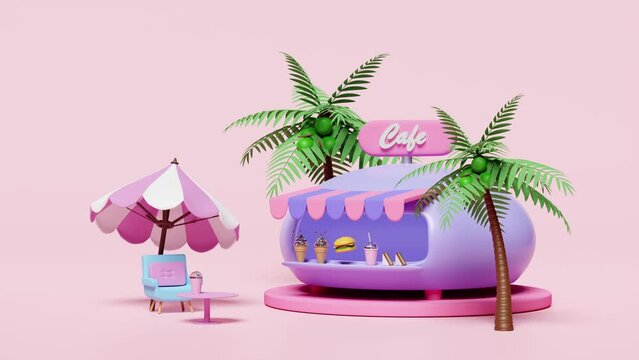 3d animation, shop store cafe 3d with ice cream, coffee table, umbrella, hamburger or burger, sandwich, glass umbrella, palm tree, sofa chair isolated on pink background. summer travel