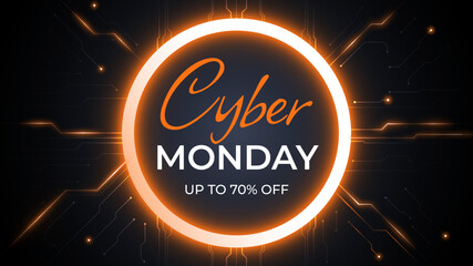 Web banner cyber monday sale, orange glowing effect, black background For social media stories sale, up to 70% off, web page, mobile phone. template design special offer