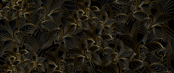 Black and gold orchid pattern. Floral outline design, line art, strands. Luxurious wallpaper,...