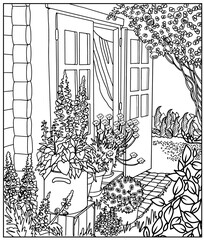 Coloring book. Illustration for coloring with garden flowers. Art line. Art therapy. Black and white vector background.