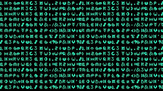 Motion graphics featuring lines of alien style hieroglyphs and written text rapidly changing in random sequences in small-sized teal font - ideal for screen replacement content