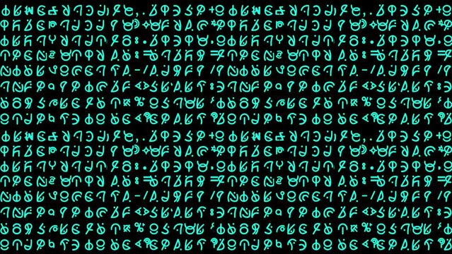 Motion graphics featuring lines of curvy alien style hieroglyphs and written script rapidly changing in random sequences in small-sized teal font - ideal for screen replacement content