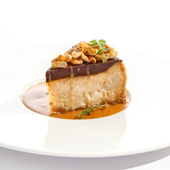 Nuts tart isolated on white background. Sweet pie with nuts and caramel sauce. Dessert with...