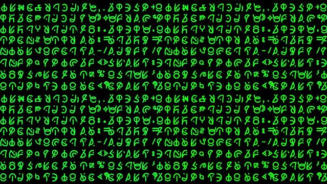 Motion graphics featuring lines of curvy alien style hieroglyphs and written script rapidly changing in random sequences in small-sized green font - ideal for screen replacement content