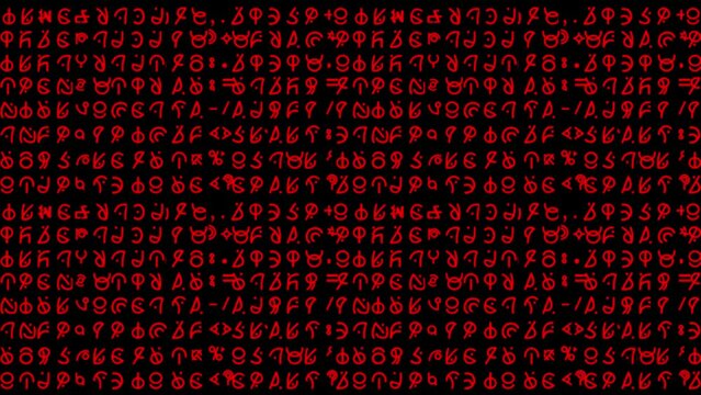 Motion graphics featuring lines of curvy alien style hieroglyphs and written script rapidly changing in random sequences in small-sized red font - ideal for screen replacement content