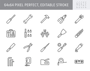 Hand tools line icons. Vector illustration include icon - screwdriver, wrench, hammer, spanner, scraper, utility knife outline pictogram for toolbox instrument. 64x64 Pixel Perfect, Editable Stroke