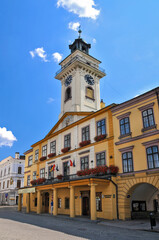 Fototapeta na wymiar The historic town hall located in the corner of the southern frontage of the market square and Silver street in Cieszyn, Silesian Voivodeship, Poland.