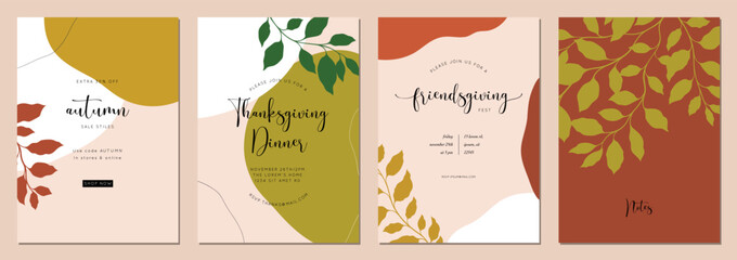 Abstract artistic templates in autumn colors. For wedding, birthday, invitation, poster, business card, flyer, banner, brochure, email header, post in social networks, advertising, graphic design.
