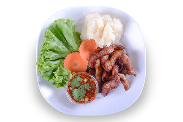 Sticky rice with fried pork on white bowl for Thai food and isolate background 