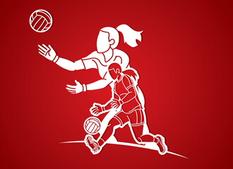 Group of Gaelic Football Female Players Action Cartoon Graphic Vector