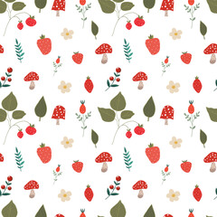 Strawberry pattern in folk style. Cute seamless pattern. Vector illustration design. Abstract nature background.