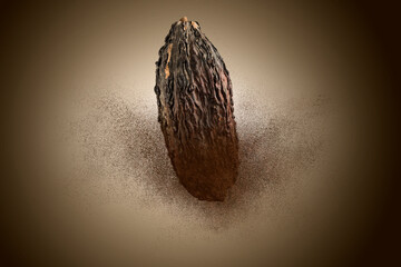 Cocoa pod with powder explosion, on brown background.