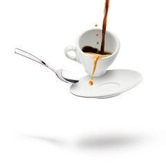 cup of coffee with saucer and spoon floating on white background.
