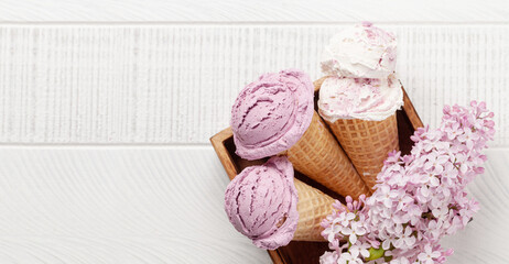 Berry ice cream in waffle cones