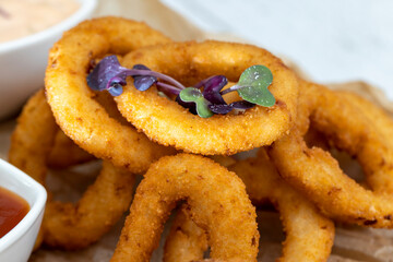 fried onion rings with other products in the cafe