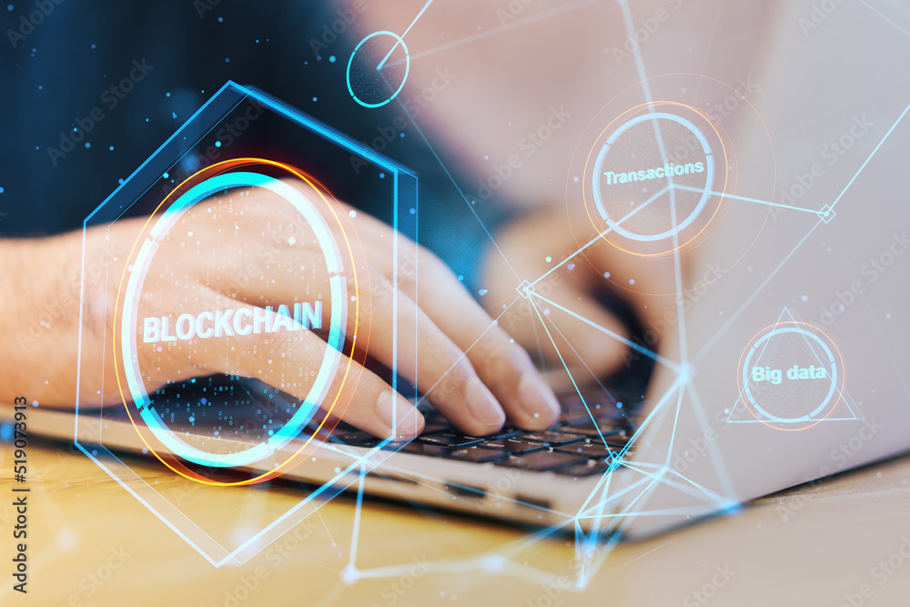 Poster Close up of hands using laptop keyboard with creative polygonal blockchain hologram on blurry background. Technology, crypto, financial data and fintech concept. Double exposure.