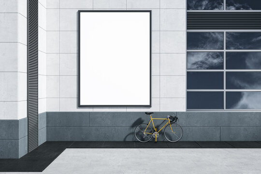 Modern street with empty white billboard banner, bike and sky reflections on glass windows. Mock up and advertisement concept. Mock up, 3D Rendering.