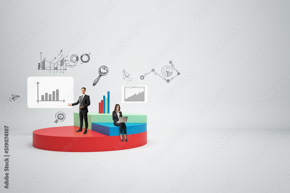Poster Abstract image of businesspeople with creative pie-chart on white background with mock up place. Finance, business management and market research concept.