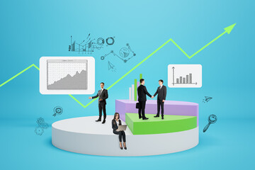 Abstract image of businesspeople with creative pie-chart on blue backdrop. Finance, business management and market research concept.