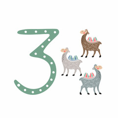 Number three and cute cartoon camels. Counting training.