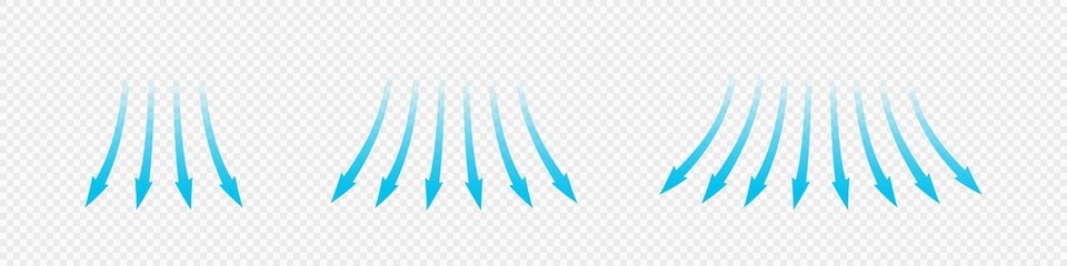 Air flow. Set of blue arrows showing direction of air movement. Wind direction arrows. Blue cold fresh stream from the conditioner. Vector illustration isolated on transparent background.