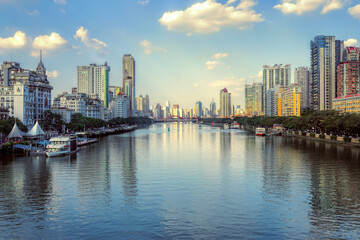 Guangzhou city, Guangdong, China. Pearl (Zhujiang) River, Xidi Wharf and city skyline.