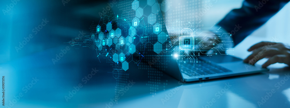 Poster Cyber security network. Businessman using laptop and digital padlock with data protection on internet technology networking and  social network. GDPR. EU.