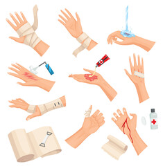 Hands injured skin and procedures of bandaging and wound cleaning. First aid for wound. Medicine cure or treatment. First emergency help for human hand trauma