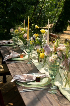 Rustic wedding party table decor, summer wedding party outdoor