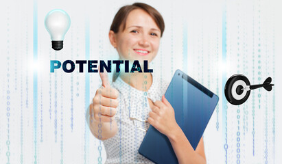 Obraz premium Business, Technology, Internet and network concept. Young businessman working on a virtual screen of the future and sees the inscription: Potential