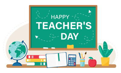 Happy teacher's day illustration with school supplies. Design for greeting card, poster or website. Vector illustration