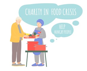 Charity in food crisis. Editable vector illustration