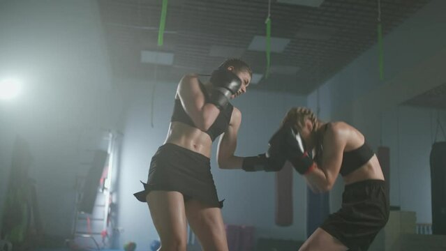 Combat sparring of two females fighters, training in the boxing gym, females train defence and series of punches on a battle, woman power.
