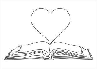 vector icon concept. I like reading. Open book pages as heart. continuous line drawing