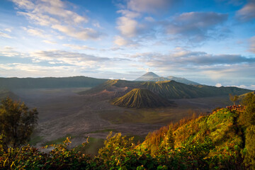 Mount Bromo is an active volcano and one of the most visited tourist attractions in East Java, Indonesia. Panorama Bromo selective focus on the mountain