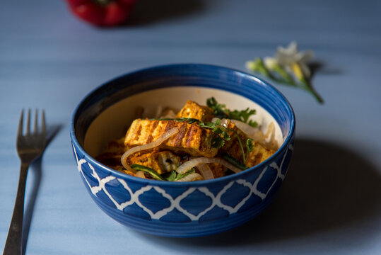 Cooked Food Paneer Or Grilled Cottage Cheese Cubes In A Bowl. Close Up, Selective Focus.