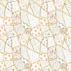 Beautiful seamless patchwork floral pattern with watercolor hand drawn flowers. Stock illustration.