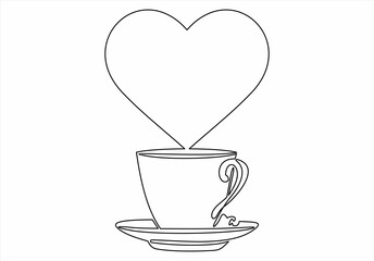 Continuous line drawing. A cup of hot drink. Heart shaped steam. 