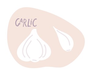 Garlic hand drawn doodle sketch. Bulb and garlic clove. Spice Organic food For logo, menu, icon farmers market, kitchen print, organic food store, natural health care products. Fresh farm vegetables.