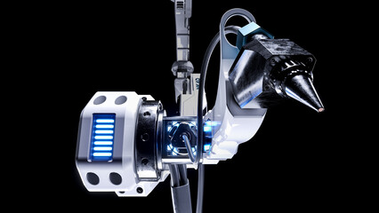 3d rendering of industrial robotic arm with Mechanical rotating machinery parts with modern futuristic elegant and dramatic lighting with black background with cables and shiny white car paint