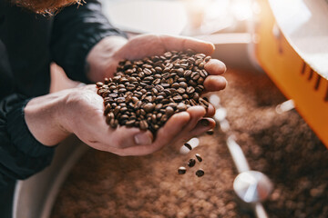 Business owner checks the quality of roasting coffee beans on small factory. Close-up